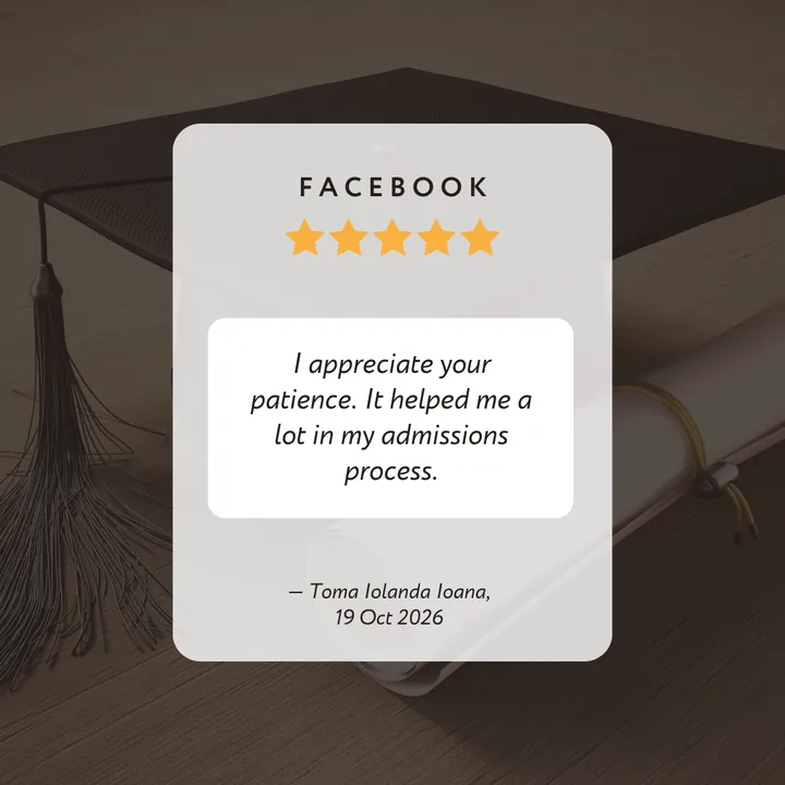 Facebook 5-star review by Toma Iolanda Ioana: “I appreciate your patience. It helped me a lot in my admissions process.”